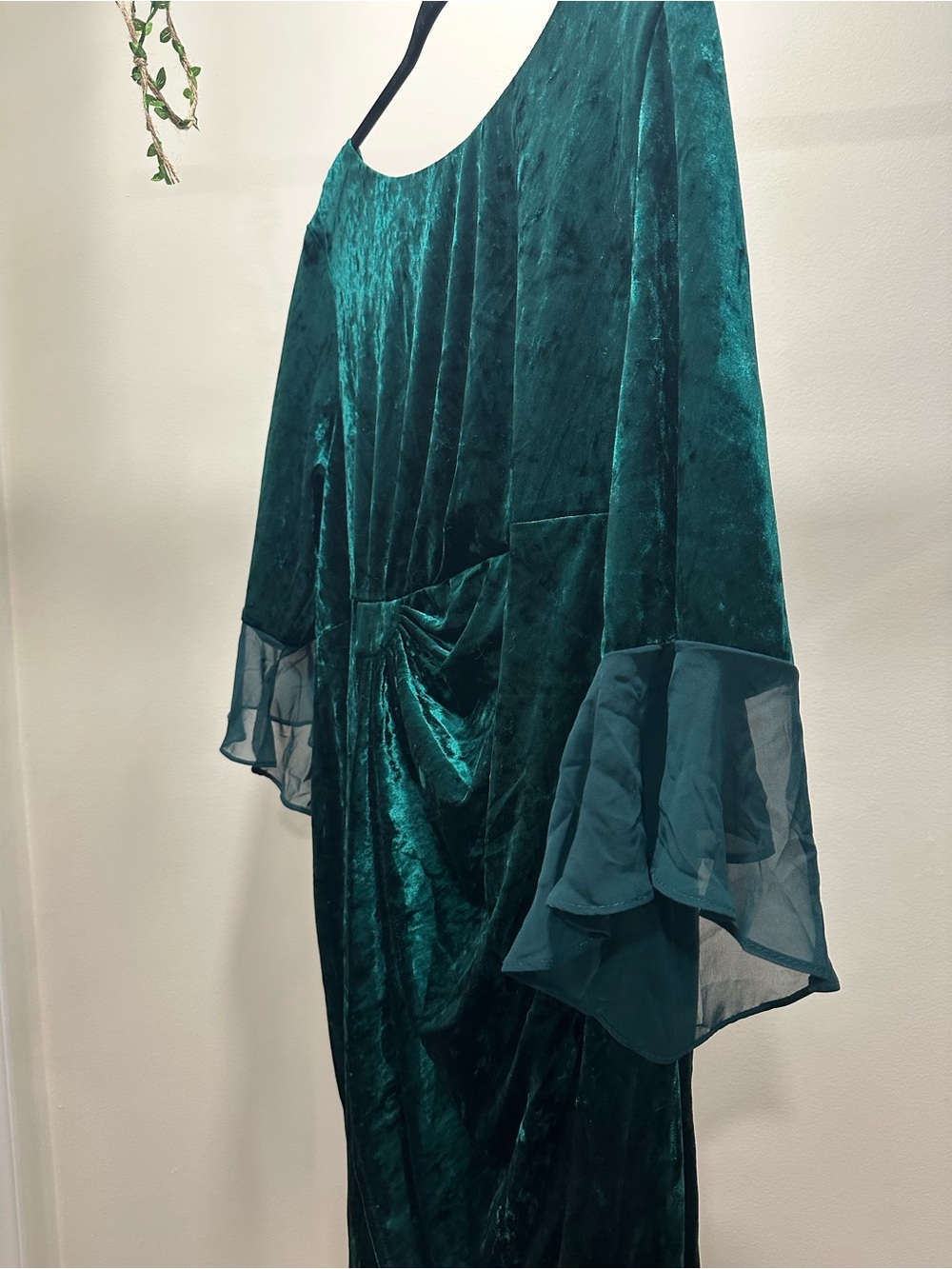 connected apparel Emerald Green Velvet Midi Dress with Sheer Sleeves - Picture 2 of 5